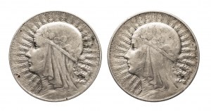 Pologne, Deuxième République polonaise (1918-1939), ensemble de 2 pièces de 5 zlotys Tête de femme