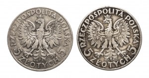 Pologne, Deuxième République polonaise (1918-1939), ensemble de 2 pièces de 5 zlotys Tête de femme