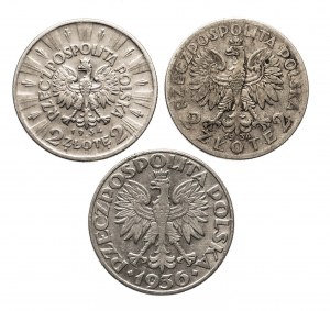 Pologne, Deuxième République polonaise (1918-1939), série de 3 pièces de 2 złoty : Femme, Voilier, Piłsudski.