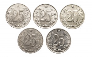 Československo, sada 25 haléřů 1953-1964, 5 ks.