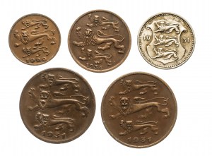 Estland, Kursmünzensatz 1929-1934, 5 Stück.