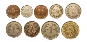 Finlandia, serie di monete in circolazione 1921-1942, 9 pezzi.
