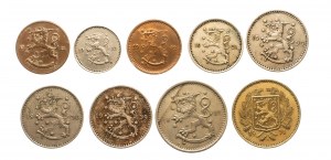 Finlandia, serie di monete in circolazione 1921-1942, 9 pezzi.