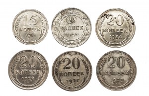 Russie, URSS (1922-1991), série de pièces de circulation en argent 1922-1930 (6 pièces).