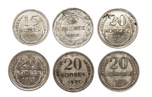 Russland, UdSSR (1922-1991), Satz Silber-Umlaufmünzen 1922-1930 (6 Stück).
