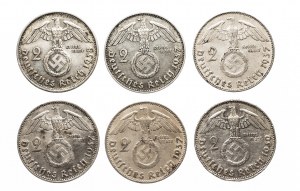 Niemcy, III Rzesza (1933-1945), zestaw 2 marki 1937-1939, 6 szt.