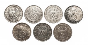 Allemagne, Troisième Reich (1933-1945), série de 5 marques 1935-1939, 7 pièces.