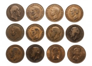Velká Británie, sada 1 pence 1905-1967, 12 ks.