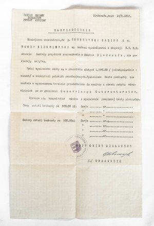 Všeobecná vláda, Osvedčenie o povolení výmeny peňazí. Kielce, Opoczno, Białaczów 1940