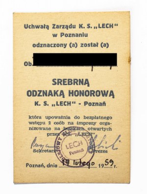 Preukaz na strieborný čestný odznak K.S. Lech Poznaň 1959, NÍZKE ČÍSLO
