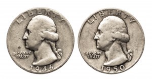 United States of America (USA), set of 2 silver quarters, 1946/1950