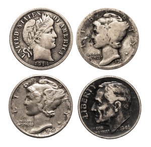 Stati Uniti d'America (USA), serie di monete d'argento da 10 centesimi 1914-1946 (4 pezzi).