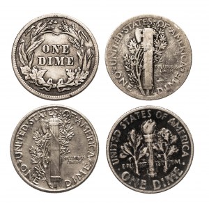 États-Unis d'Amérique (USA), ensemble de pièces de 10 cents en argent 1914-1946 (4 pièces).
