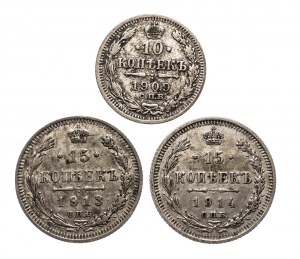 Rusko, Mikuláš II (1894-1917), sada strieborných obehových mincí 1909-1914 (3 kusy).