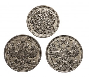 Russie, Nicolas II (1894-1917), série de pièces de circulation en argent 1909-1914 (3 pièces).