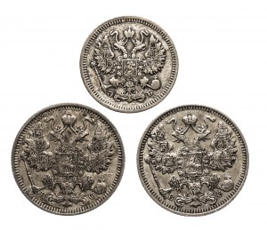 Russia, Nicola II (1894-1917), serie di monete d'argento per la circolazione 1909-1914 (3 pezzi).