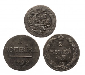 Rusko, sada měděných oběžných mincí 1743-1811 (3 kusy).
