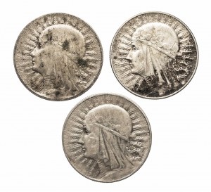 Poľsko, Druhá poľská republika (1918-1939), sada 3 mincí 5 zlotých Hlava ženy