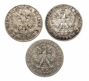 Pologne, Seconde République polonaise (1918-1939), ensemble de 3 pièces de 5 zlotys Tête de femme