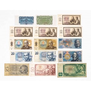 Czechy, Czechosłowacja, zestaw 15 banknotów.