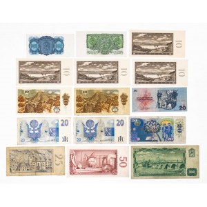 Czechy, Czechosłowacja, zestaw 15 banknotów.