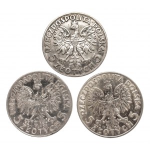 Polska, II Rzeczpospolita (1918-1939), zestaw 3 monet 5 złotych z lat 1932 - 1934, Kobieta.