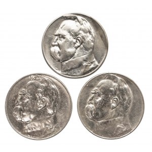 Polska, II Rzeczpospolita (1918-1939), zestaw 3 monet 5 złotych z lat 1934 - 1936, Piłsudski.