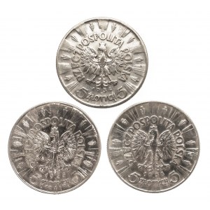 Polska, II Rzeczpospolita (1918-1939), zestaw 3 monet 5 złotych z lat 1934 - 1936, Piłsudski.