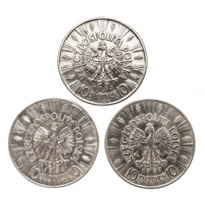 Polska, II Rzeczpospolita (1918-1939), zestaw 3 monet 10 złotych z lat 1935 - 1937, Piłsudski.