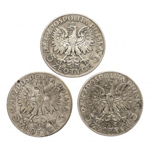 Polska, II Rzeczpospolita (1918-1939), zestaw 3 monet 5 złotych z lat 1933 - 1934, Kobieta.