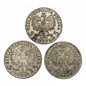Polska, II Rzeczpospolita (1918-1939), zestaw 3 monet 5 złotych z lat 1932 - 1934, Kobieta.