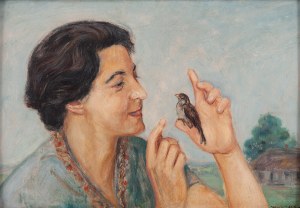 Wlastimil Hofman (1881 Praga - 1970 Szklarska Poręba), Portret żony artysty Ady ze skowronkiem, lata 20.-30. XX w.