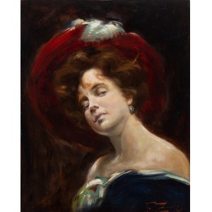 Franciszek Żmurko (1859 Lwów - 1910 Warszawa), Portret kobiety w czerwonym kapeluszu