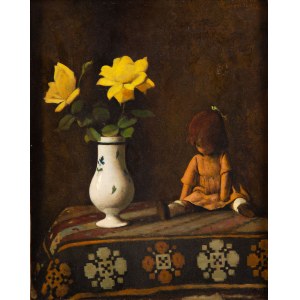 Leon Szpądrowski (1870 - 1950 ), Martwa natura z żółtymi różami i lalką, 1934