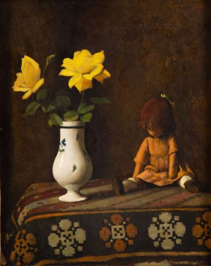 Leon Szpądrowski (1870 - 1950 ), Martwa natura z żółtymi różami i lalką, 1934