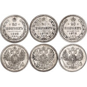Russia 3 x 20 Kopeks 1868 - 1872 СПБ HI