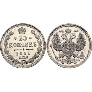 Russia 20 Kopeks 1911 СПБ ЭБ NGC AU