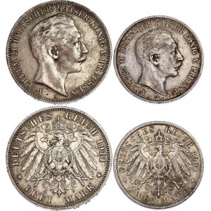 Germany - Empire Prussia 2 & 3 Mark 1907 - 1911 A