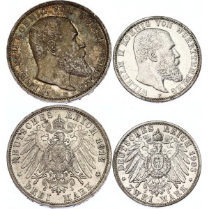 Germany - Empire Wurttemberg 2 & 3 Mark 1903 - 1912 F