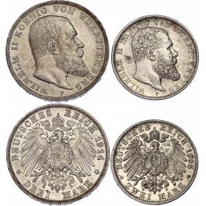 Germany - Empire Wurttemberg 2 & 3 Mark 1905 - 1914 F