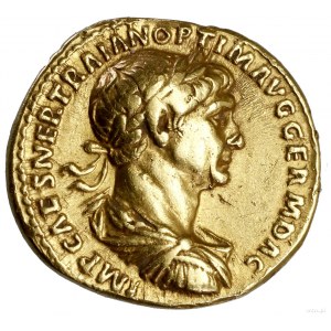 Aureus, 114-117, Rzym; Aw: Popiersie cesarza w wieńcu l...