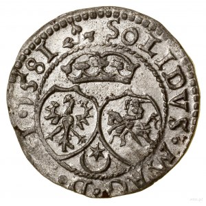 Szeląg, 1581, Wilno; udekorowany monogram królewski na ...