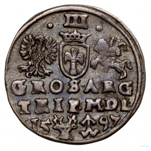 Trojak, 1597, Vilnius; on the reverse, at the bottom, an ox's head and he...