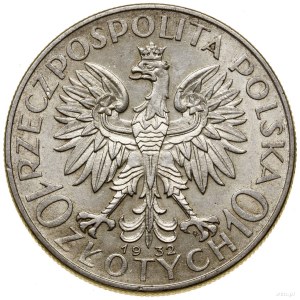 10 złotych, 1932, Warszawa; głowa kobiety w czepcu - ze...