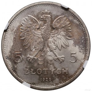 5 złotych, 1928, Warszawa; odmiana ze znakiem mennicy z...