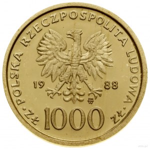 1,000 zloty, 1988, Warsaw; coin minted on the occasion of the 10th...