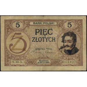 5 złotych, 28.02.1919; seria 33.A, numeracja 043927; Lu...