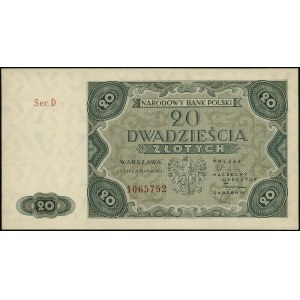 20 złotych, 15.07.1947; seria D, numeracja 1065752; Luc...
