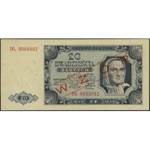 20 złotych, 1.07.1948; seria DL, numeracja 0000002, obu...
