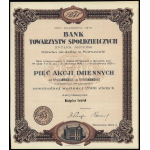 5 akcji imiennych po 500 złotych = 2.500 złotych, 1929,...